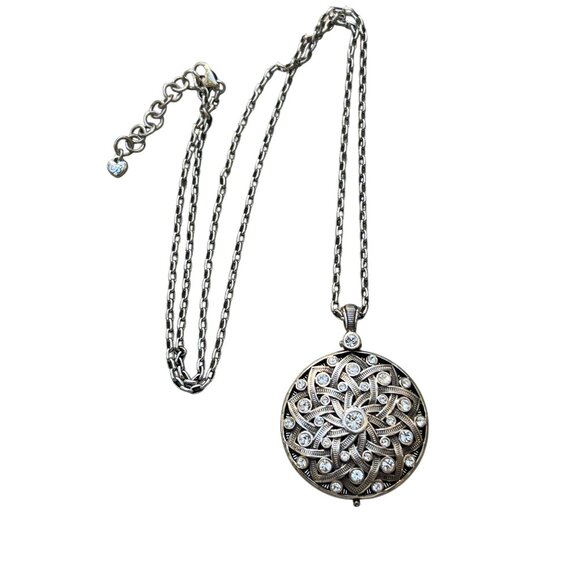 Brighton Silver Tone Long Chain Necklace Mirror Pendant Round Locket 34" Crystal - Picture 1 of 5